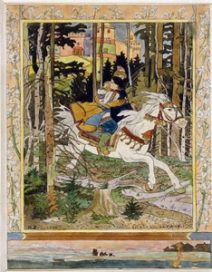 Prins Ivan. (Ivan Tsarevich). Helter fra russiske folklorelegender, rir på en hvit hest i skogen, flykter fra et slott og klemmer Vassilisa La Tres Belle i armene hennes. Illustrasjon av Ivan Yakovlevich Bilibin (Bilibin) (1876-1942), akvarell av Ivan Yakovlevich Bilibin