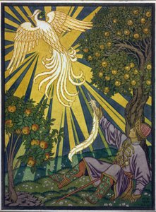 Prinsen griper en fjær fra ildfuglen. Illustrasjon for historien ""Ivan Tsarevitch, Ildfuglen og den grå ulven"". Verk av Ivan Yakovlevich Bilibin (Bilibin) (1876-1942), akvarell og gouache på papir. Russisk kunst, 1900-tallet, symbolikk. av Ivan Yakovlevich Bilibin