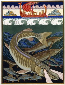 Havets imperium (Sea Empire). Russisk tradisjonell fortelling. Verk av Ivan Yakovlevich Bilibin (Bilibin) (1876-1942), akvarell og gouache på papir av Ivan Yakovlevich Bilibin