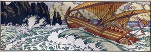 Sjømannen Sinbad. Illustrasjon for den arabiske tradisjonelle historien om Tusen og en natt. Verk av Ivan Yakovlevich Bilibin (Bilibin) (1876-1942), akvarell på papir av Ivan Yakovlevich Bilibin