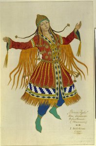 En polovtsisk (eller Couman, Kuman) sjamandanser. Kostyme for operaen ""Prince Igor"" av Alexandre Borodin (Borodin) (1833-1887). Verk av Ivan Yakovlevich Bilibin (Bilibin) (1876-1942), akvarell på papir av Ivan Yakovlevich Bilibin