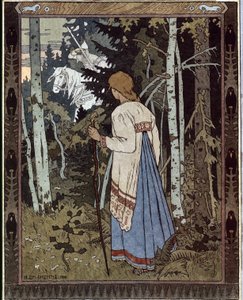 Vassilisa den vakreste og den hvite rytteren. (Vasilisa den vakre og den hvite rytteren). (Tradisjonell russisk fortelling). Verk av Ivan Yakovlevich Bilibin (Bilibin) (1876-1942), litografi