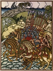 Volga Sviatoslavich (Vseslav de Polotsk (vers 1039-1101), storprins de Kiev de 1068 a 1069) og Mikula Selyaninovich (?). Oeuvre de Ivan Yakovlevich Bilibin (Bilibin) (1876–1942), litografi av Ivan Yakovlevich Bilibin