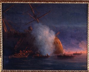 Russisk-tyrkisk (russisk-tyrkisk) krig 1877-1878: angrepet av russiske seilbåter på det tyrkiske dampslagskipet Assari Shevket, ved Svartehavet, 12. august 1877 (Angrep av russiske kuttere på det tyrkiske dampslagskipet Assari Shevket i Svartehavet 12. aug av Ivan Konstantinovich Aivazovsky