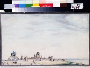 Utsikt over Rostov, Kreml. (Utsikt over Rostov Kreml). Maleri av Ivan Mikhaylovich Belogonov (1800-1871). Akvarell og blekk på papir av Ivan Mikhaylovich Belogonov