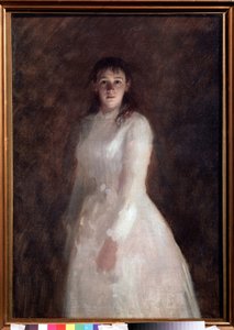 Portrett av en ung dame (Portrett av en ung dame). (kledd i en lang hvit kjole). Maleri av Ivan Nikolayevich Kramskoi (1837-1887), olje på lerret. russisk kunst av Ivan Nikolaevich Kramskoy