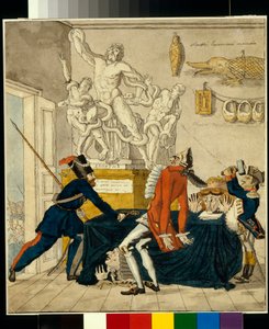 Napoleon Bonaparte (1769-1821) selger tyvegods, blant dem Laocoön-gruppen - Karikatur av Ivan Ivanovich Terebenev (1780-1815), blekk og akvarell på papir av Ivan Nikolayevich Terebenev