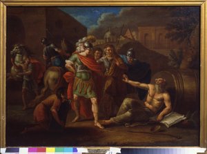 Alexander den store (Alexander III av Makedonia, 356-323 f.Kr.) besøker Diogenes (Diogenes fra Sinope eller kynikeren, ca. 413-ca. 327 f.Kr.) i Korint (Hellas) av Ivan Philippovich Tupylev