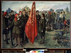 Militær Komsomol (Militær Komsomol). Organisasjon av kommunistiske ungdommer i Sovjetunionen, beskrivelse av en gruppe unge mennesker i uniform (militær og sykestue) og våpen samlet rundt en rød standard, nær efembygninger