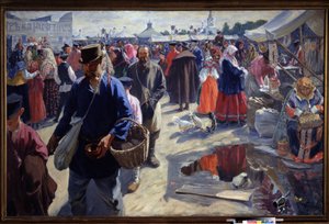 The Fair (A Fair). Markedsscene i en russisk provinsby, i en tradisjonell atmosfære, med bønder og selgere. Maleri av Ivan Semyonovich Kulikov (Koulikov) (1875-1941), olje på lerret