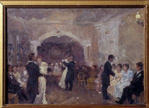 Kjøpmannsballen. Par danser, unge jenter kledd i hvitt sitter og venter på en invitasjon til å danse. Maleri av Ivan Semyonovich Kulikov (Koulikov) (1875-1941), olje på lerret