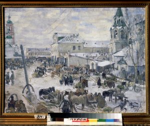 En kirke i Murom (Russland). (En kirke i Murom). Beskrivelse av en gate i byen, under snøen, med daglig underholdning, hestevogner. Maleri av Ivan Semyonovich Kulikov (Koulikov) (1875-1941), olje på lerret