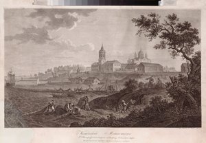 Le monastere Konevsky de la Nativite de la Vierge a Konevets (Konevsky-klosteret for Jomfruens fødsel i Konevets) - Oeuvre de Ivan Vasilievich Chessky (Cheskoy) (1782-1848), dyptrykk av Ivan Vasilievich Chessky