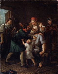 The Return of the Warrior (Homecoming Warrior). En soldat kommer hjem og kaster seg i armene til sin gamle far. Hele familien uttrykker sin glede og lettelse over å se ham i live. Maleri av Ivan Vasilyevich Luchaninov (1781-1824), olje på t. av Ivan Vasilyevich Luchaninov