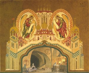 Chudov kloster. Scenedesign for operaen Boris Godunov av M. Musorgsky, 1930 av Ivan Yakovlevich Bilibin
