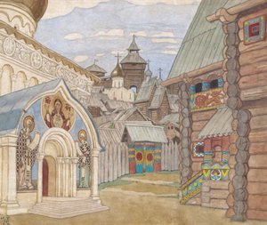 Russisk landsby. Scenografi for operaen The Tale of Tsar Saltan av N. Rimsky-Korsakov av Ivan Yakovlevich Bilibin