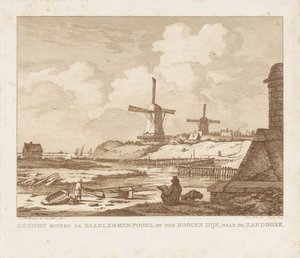 Utsikt utenfor Haarlemmerpoort i Amsterdam med en sittende tegner Utsikt utenfor Haarlemmer-Poort, på Hoogen Dijk, mot Zandhoek (tittel på objekt)