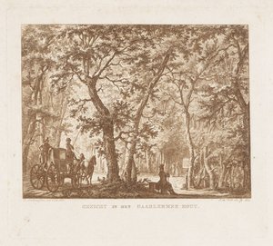 Vogn og turgåere i Haarlemmerhout Utsikt i Haarlemmer Hout (tittel på objekt)