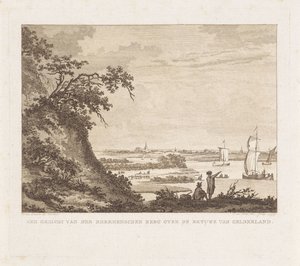Vidt landskap med to figurer og seilskuter En utsikt over den Rheenenschen Berg over Betuwe of Gelderland (tittel på objekt)