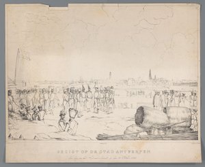 Utsikt over byen Antwerpen dagen etter bombardementet, 28. oktober 1830 (tittel på objekt) av Izaak Schouman