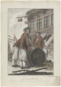 Tre menn i sveitsiske klær foran et hus av J.A. Zoutman
