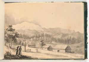 Fjelllandskap med mennesker og hus av Johan Christian Dahl