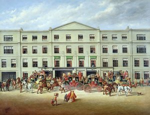 Skifte hester utenfor Plough Inn, Cheltenham, 1870 av J.C. Maggs