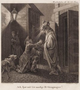 Abracadabra. Å, spar mitt nådelige liv, Mr. Tilbake! Gravering etter Lorentzens Holberg Galleri. av J.F. Clemens