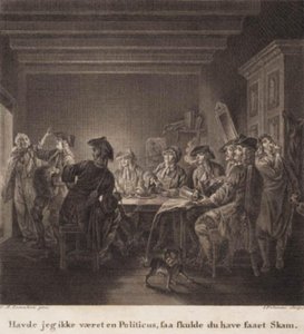 Den politiske pitcheren. «Hadde jeg ikke vært politiker, burde du ha skammet deg». Gravering etter Lorentzens Holberg Galleri. av J.F. Clemens