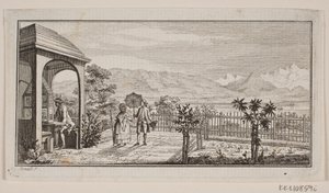 En hageterrasse i Genthod med et spaserende par av J.F. Clemens