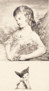 En liten jente med en kurv med blomster og et mannsportrett av J.F. Clemens