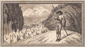 En mann på en snøfelt lener seg på en lang stav av J.F. Clemens