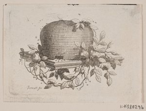 En plate som bærer en bikube, omkranset av roseløv av J.F. Clemens