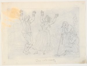 Mann og kvinne danser fandango. En ung mann som spiller gitar og en gammel kvinne ser på av J.F. Clemens