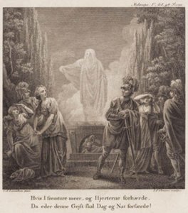 Melampe. Hvis dere går mer frem og forherder deres hjerter, når vil denne ånden skremme dere dag og natt? Gravering etter Llorentzens Holberg Galleri. av J.F. Clemens