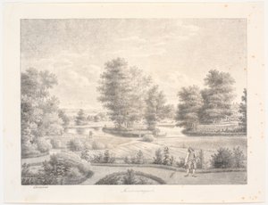 Sanderumgaards hage med trekledd øy. I forgrunnen en mann med rake av J.F. Clemens