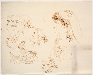 Seks mannlige og en kvinnelige profilhode og kvinne i klassisk kjole plukker blomster av J.F. Clemens