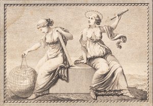 Urania og Gaea sitter på en firkantet steinblokk av J.F. Clemens