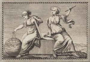 Urania og Gaea sitter på en firkantet steinblokk av J.F. Clemens