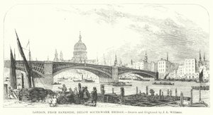 London, fra Bankside, under Southwark Bridge (gravering)