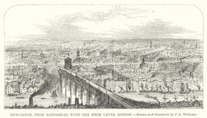 Newcastle, fra Gateshead, med High Level Bridge (gravering) av J.L. (after) Williams