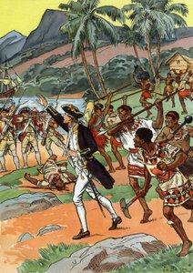 James Cooks død drept av lokalbefolkningen i Hawai av J.L Beuzon (fl.1880 1940)