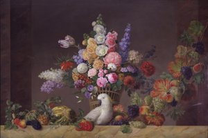 En kurv med blomster, en kakadue og en fruktranke av J.L. Camradt