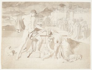 Andromache og sønnen Astyanax med Pyrrhus ved Hectors sarkofag