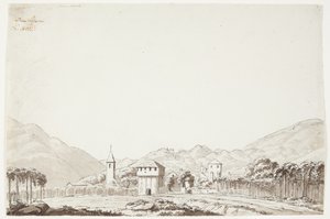 Landskap fra Domodossola i Sveits med kirke og vakttårn av J.L. Lund