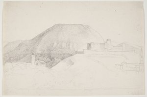 Landskapsstudie med fjell og bygninger. Spoleto, Italia av J.L. Lund