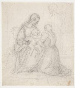 Sittende Madonna med barn og knelende kvinne av J.L. Lund