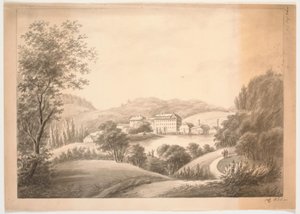 Flere nærliggende bygninger, bl.a. en hovedbygning og mindre hus med skorsteiner, ved bekker eller innsjøer, omgitt av trær og åser av J.P. Møller