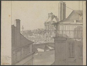 Utsikt fra J.P. Møllers leilighet på Hotel d’Irlande, Rue de Beaune nr. 3, over Seinen mot Tuileriene og Rue de Rivoli, 6. mars 1812