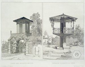 Portal med kiosk, Meudon og overbygd terrasse, St. Denis, fra et volum av design av forskjellige arkitekter, pub. Morel & Cie, Paris, ca. 1880 (radering)